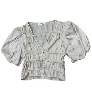 FRAME Julianne Beige Satin Smocked Blouse Puff Sleeve Top Size Small -